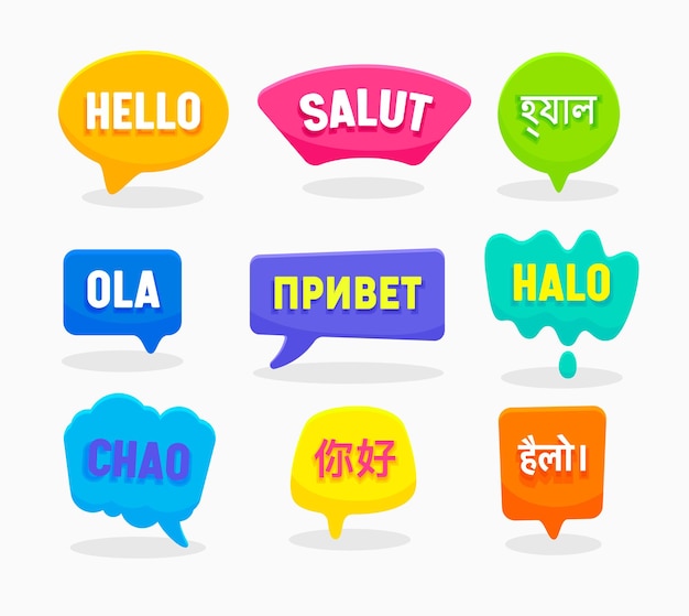 Stel tekstballonnen Hallo woord in verschillende talen Engels Chinees Spaans Russisch Bengaals Hindi Indonesisch Frans Italiaans geïsoleerd op een witte achtergrond.