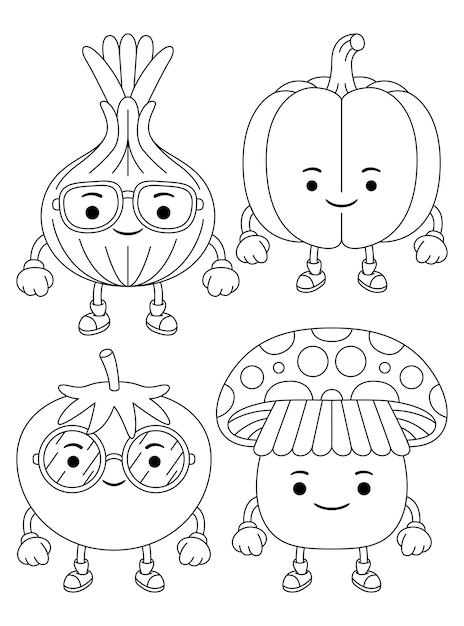 Stel vectoroverzichtsillustratie van het karakter van de groentenmascotte voor het kleuren van boek in
