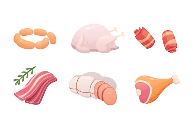 Vector stel verse vleesproducten biefstuk in cartoon stijl vector geïsoleerde illustratie biefstuk varkensvlees worst ham spek plakje menu design