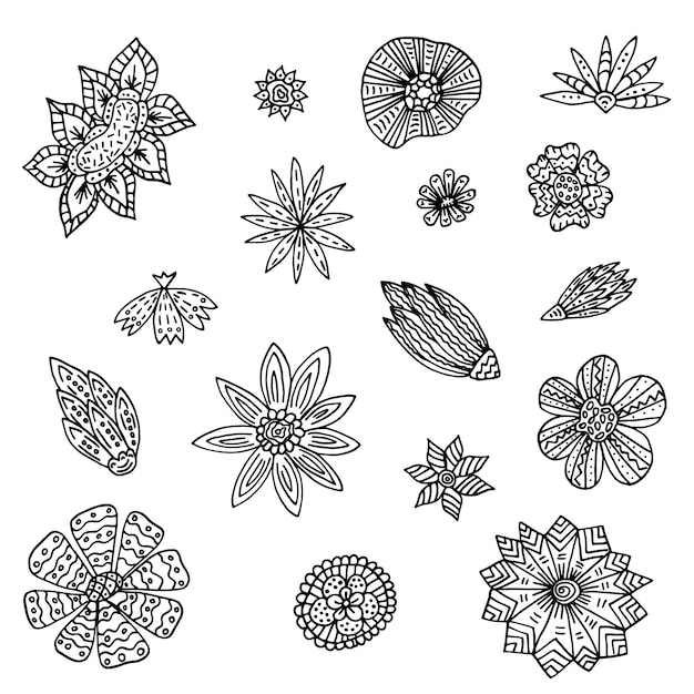 Stel vreemde bloemen in doodle stijl zwarte silhouetten van psychedelische bloemen op witte lijntekeningen witte geïsoleerde vector stock illustratie eps 10