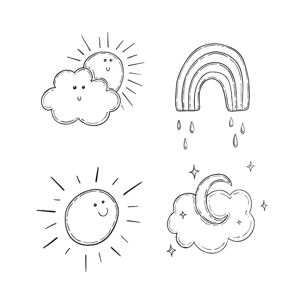 Vector stel weer fenomeen zon wolk maan regenboog regen sterren doodle lineaire cartoon kleuren