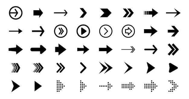 Stel zwarte pijlen in voor webdesign. Pijlen vector pictogram. Pijlpictogram. Reeks grote zwarte vectorpijlen. Cursor, klik. Pijlpictogrampakket