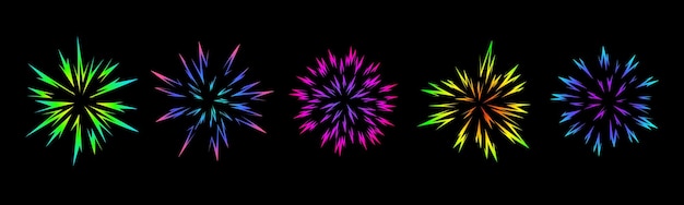 マンゴースタイルの星の虹の爆発 大爆発の爆弾エネルギー 抽象的なホログラフィックレンズ 漫画スタイルの閃光 アニメ ベクトルイラスト