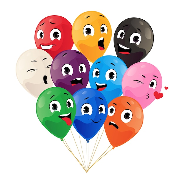 Stelletje ballonnen Cartoon partij feest en verjaardag decoratief element Heldere en kleurrijke vliegende heliumbollen met gezichtsuitdrukkingen Vakantie luchtballen Vector illustratie