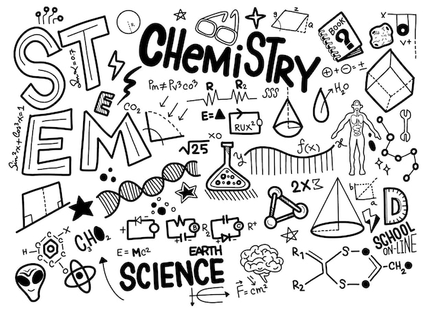 STEM chemistry doodles with science symbols and equations