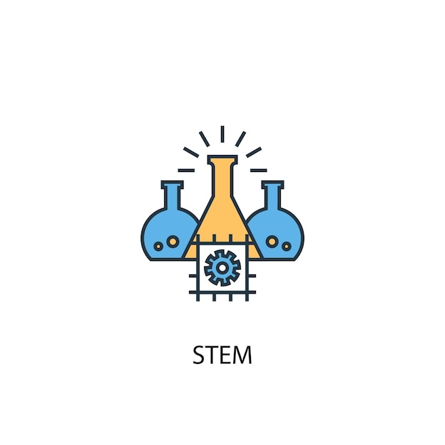 Stem 개념 2 컬러 라인 아이콘입니다. 간단한 노란색과 파란색 요소 그림입니다. Stem 개념 개요 기호 디자인
