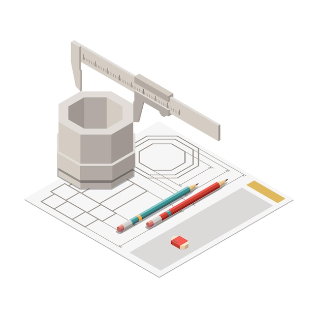 Stem education isometric concept s composition with image of screw measured by trammel  illustration