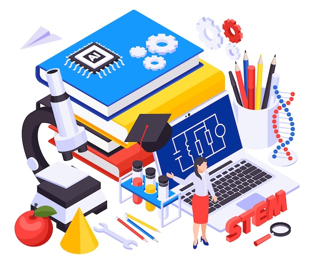 stem education isometric concept with stack of textbooks microscope electrical circuit on laptop screen