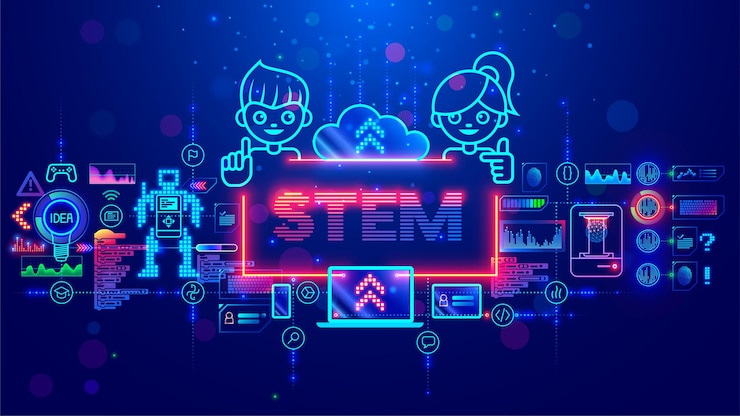 Vector stem education of kids through internet on laptop children study engineering professions software development robotics technology 3d printing game dev computer tech remote school for young geek