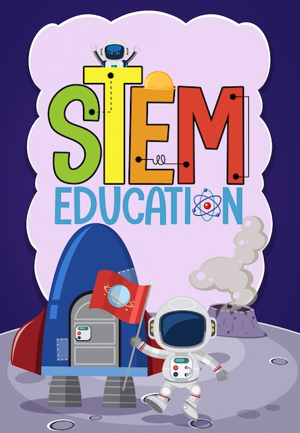 Vector stem education logo with astronaut and space objects