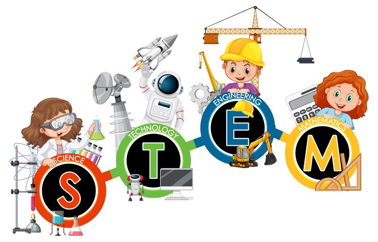 Vector stem education logo with children cartoon character