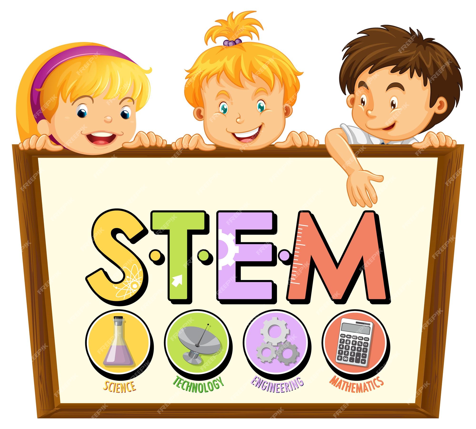 Premium Vector | Stem education logo with little kids cartoon character Premium Vector | Stem education logo with little kids cartoon character