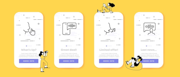 Stem instellen pictogram Spraakbericht spraakinvoer lied spraak gesprek geluidsspoor muziek notities opname Praten concept UI telefoon app schermen met mensen Vector lijn pictogram voor Business