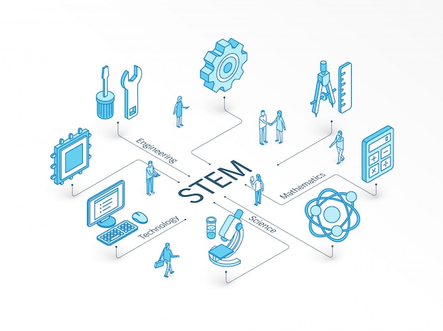 Вектор Изометрическая концепция stem. интегрированная система инфографического дизайна. коллективная работа людей. наука, технологии, инженерия, символы математики. математика, образование, обучающая пиктограмма