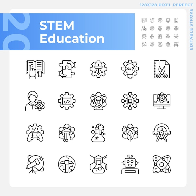 STEM onderwijs pixel perfecte lineaire pictogrammen ingesteld