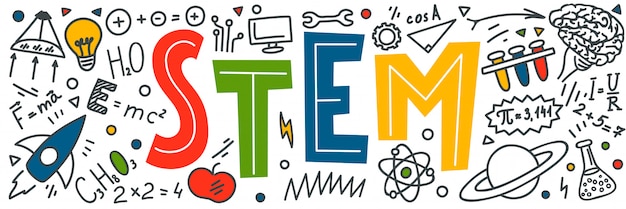 Vector stem. science, technology, engineering, mathematics. science education doodles and hand written word