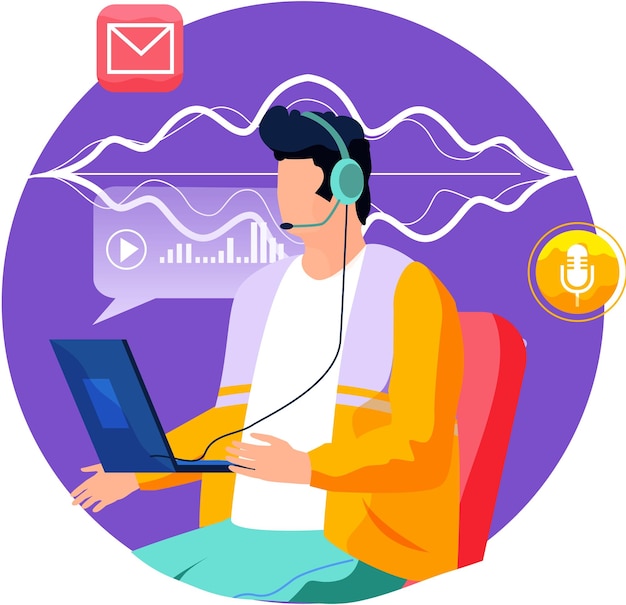 Stemassistent en spraakherkenning mobiele app Concept moderne vectorillustratie van een jonge man met een koptelefoon en een laptop die iets zegt tegen de mobiele microfoon-app met stem-soundwave