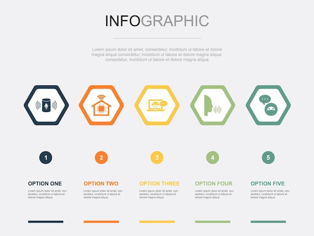 Stemassistent pictogrammen infographic ontwerpsjabloon creatief concept met 5 opties