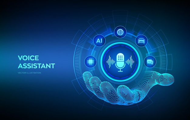 Stemassistentpictogram in robothand persoonlijke assistent en stemherkenningstechnologieconcept op virtueel scherm microfoonknop met stem- en geluidsimitatielijnen vector illustratie