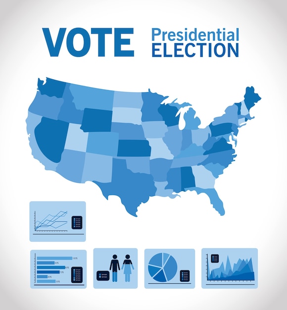 Vector stemming voor presidentsverkiezingen met blauwe kaart en infographic ontwerp, overheid en campagnethema