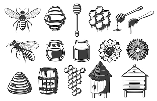 Vector stencil honey bee icon honeycomb cells and apiary beehive honey dipper and glass jars vector illustrations set