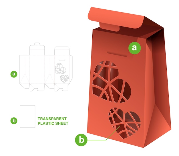 Modello fustellato della scatola di imballaggio del cuore stampigliato e mockup 3d