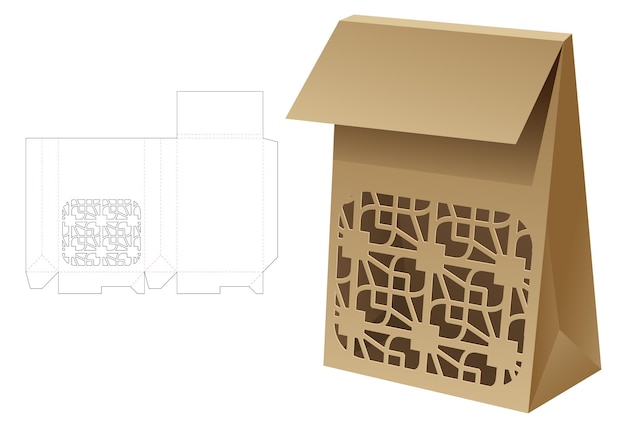 Stenciled packaging box die cut template and 3D mockup
