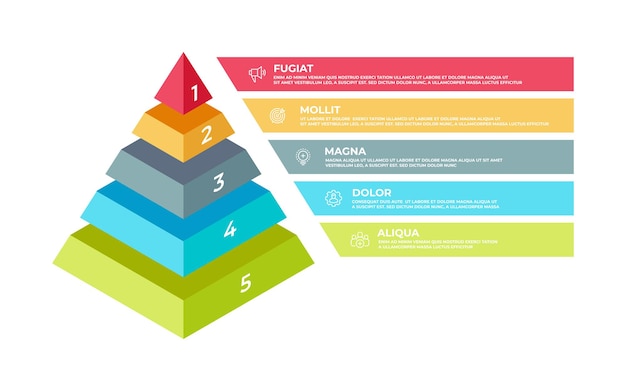 Step infografica 3d. modello di presentazione aziendale piramide isometrica, struttura a gradini. elementi di tecnologie di pianificazione di illustrazione vettoriale