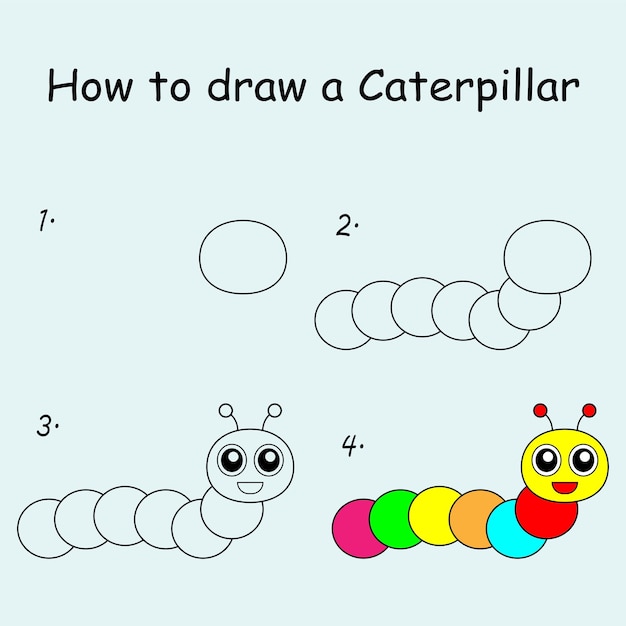 Vector step by step to draw a caterpillar drawing tutorial a caterpillar drawing lesson for children