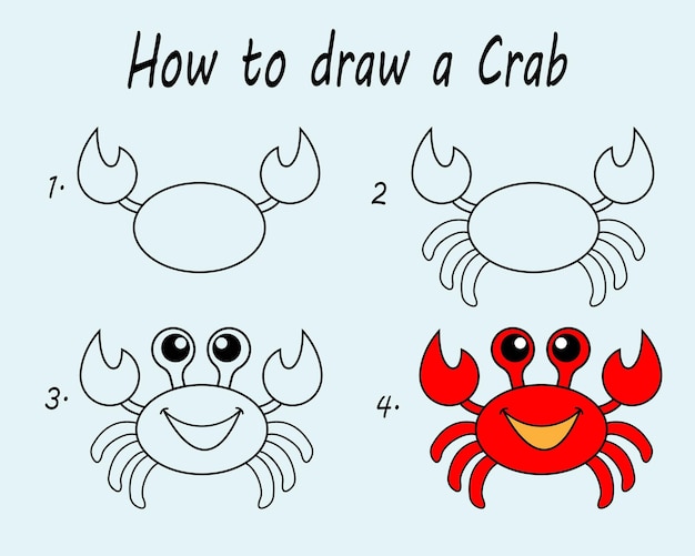 Vettore passo dopo passo per disegnare un tutorial di disegno del granchio, una lezione di disegno del granchio per bambini