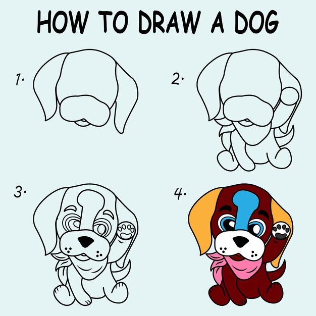 Шаг за шагом, чтобы нарисовать собаку рисовать урок рисования собаки для детей векторная иллюстрация