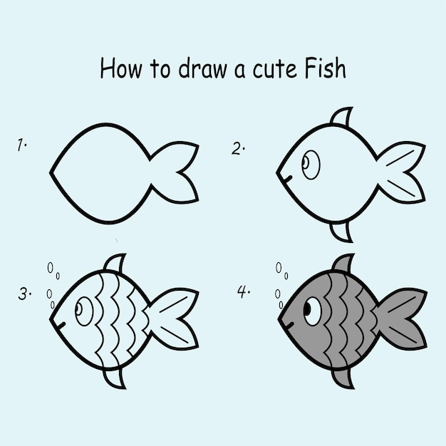 ステップバイステップで魚の絵を描くチュートリアル 子供向けの魚の絵のレッスン