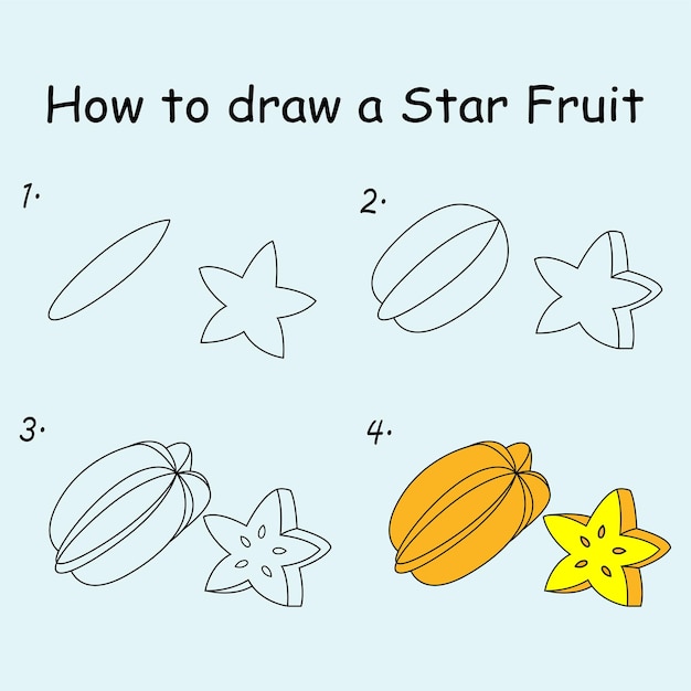 Vector step by step to draw a star fruit drawing tutorial a star fruit drawing lesson for children