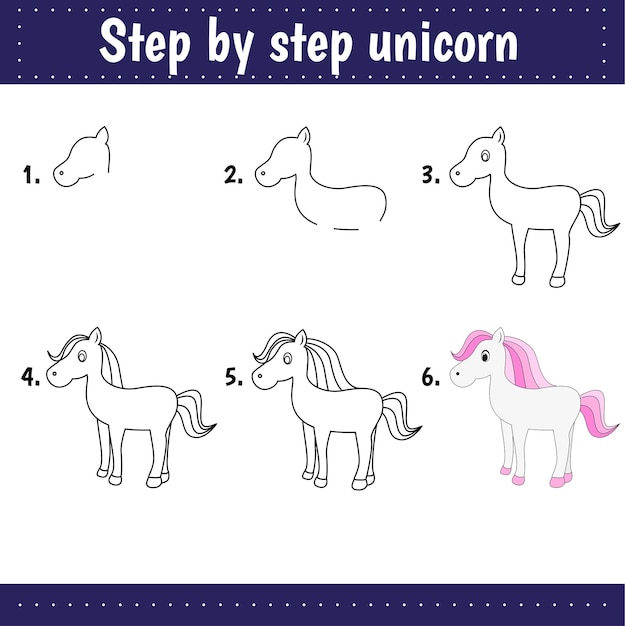 Disegno passo dopo passo. tutorial di disegno per bambini. livello facile. fogli di istruzione. come disegnare un unicorno. fogli di lavoro