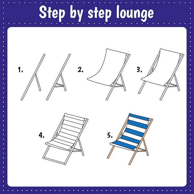 Step by step drawing illustration Deck chair Lounge Activity page for preschool education