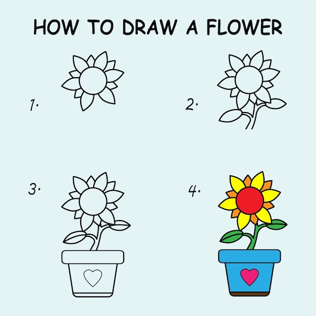 Вектор Шаг за шагом, чтобы нарисовать солнечный цветок рисунок урока рисования солнечного цвета для детей