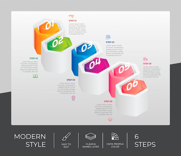 Шаг инфографики с 6 вариантами и 3d стиле