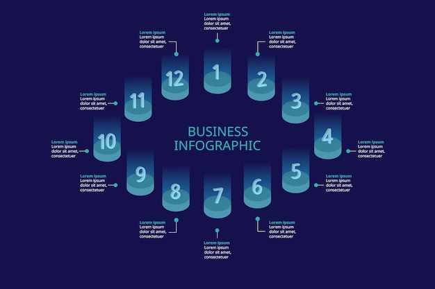 шаблон диаграммы номера шага для инфографики для презентации для 12 элементов с синим светом