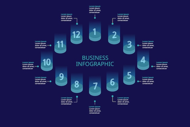 파란색 표시등이 있는 12개 요소에 대한 프레젠테이션을 위한 인포그래픽용 단계 번호 차트 템플릿