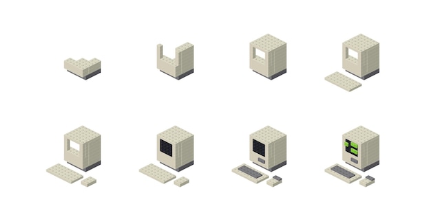 Vector stepbystep assembly of a retro computer vector illustration