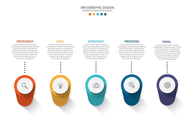 Passaggi di progettazione del modello di infografica processo di visualizzazione dei dati aziendali con l'icona