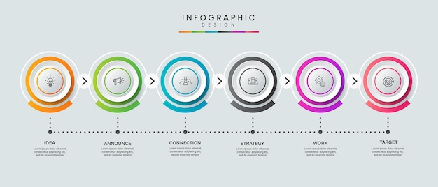 Passaggi per la progettazione del modello di infografica del processo di timeline aziendale con le icone