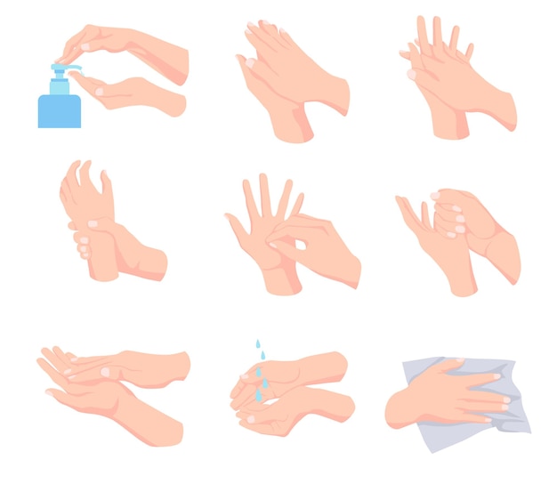 Fasi di un corretto set di illustrazioni per l'igiene delle mani