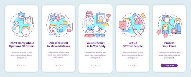 Steps to self love onboarding mobile app screen