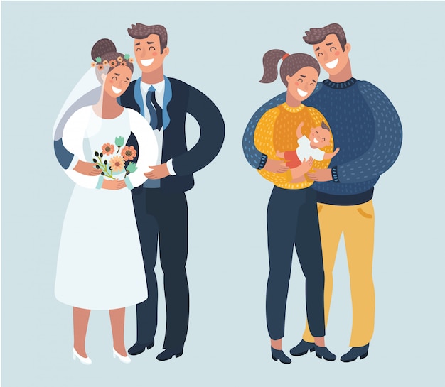 Steps or stages of happy family life. Aging. From girlfriend and boyfriend to marriage, husband, wife and pregnancy. Various situations of relationship. Man and woman through age.  illustration