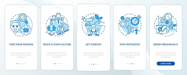 Steps to start social entrepreneurship blue onboarding mobile app page screen. Walkthrough 5 steps graphic instructions with concepts. UI, UX, GUI vector template with linear color illustrations