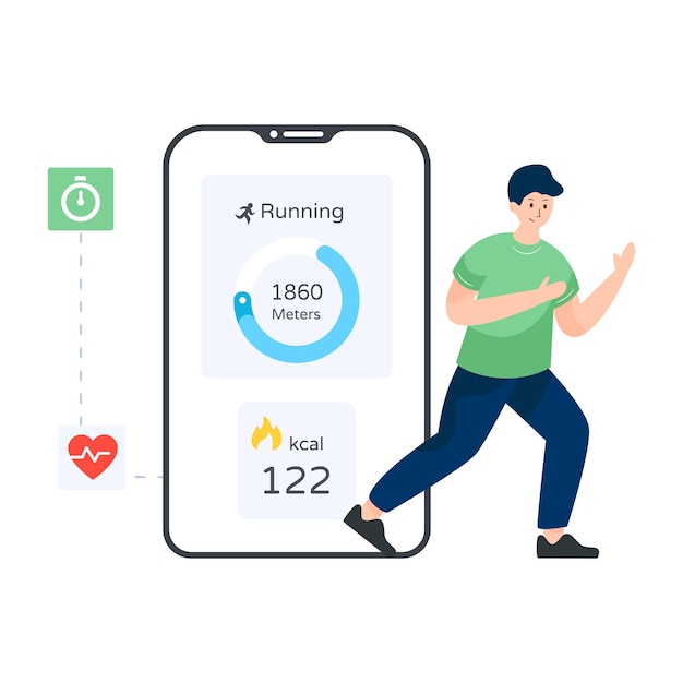 Steps tracker on mobile, fitness app flat illustration