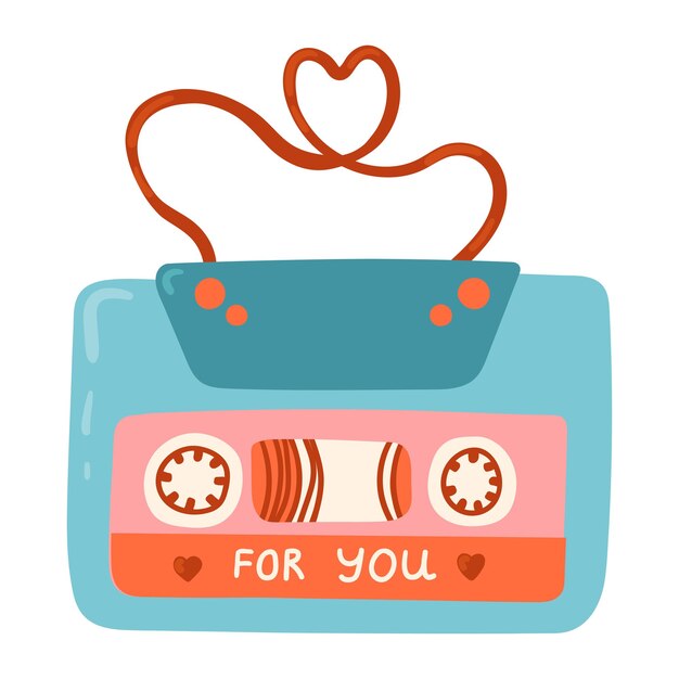 Stereo cassette with stickers of hearts and text for you retro objects for valentine's day audio