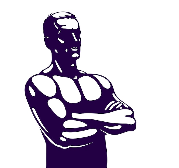Sterke man perfect silhouet met handen gekruist op een borst vector logo of pictogram.