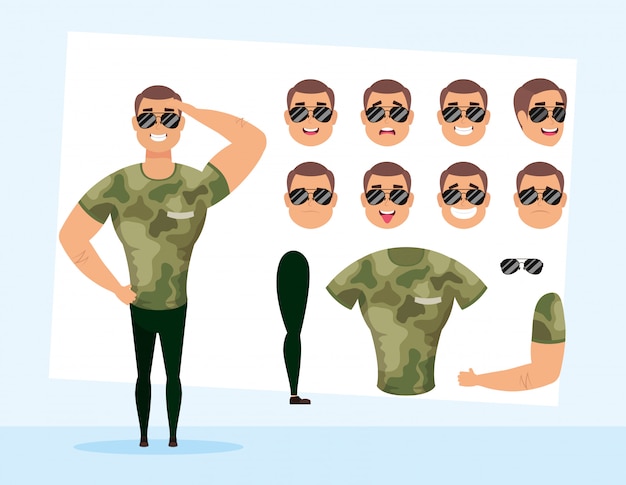 sterke militaire man met set gezichten karakter vector illustratie ontwerp